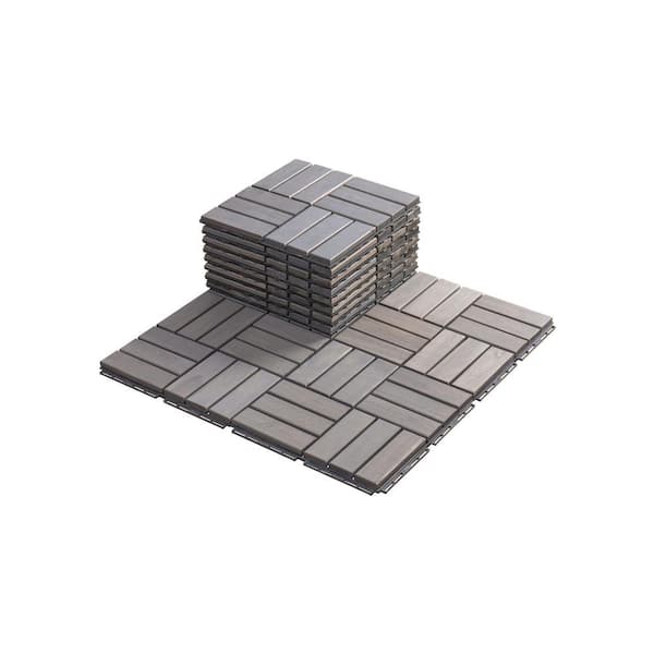 Siavonce 10pcs Checker Pattern, 12 x 12 Square Composite Interlocking Deck Tiles Acacia Hardwood Outdoor Flooring in Light Gray