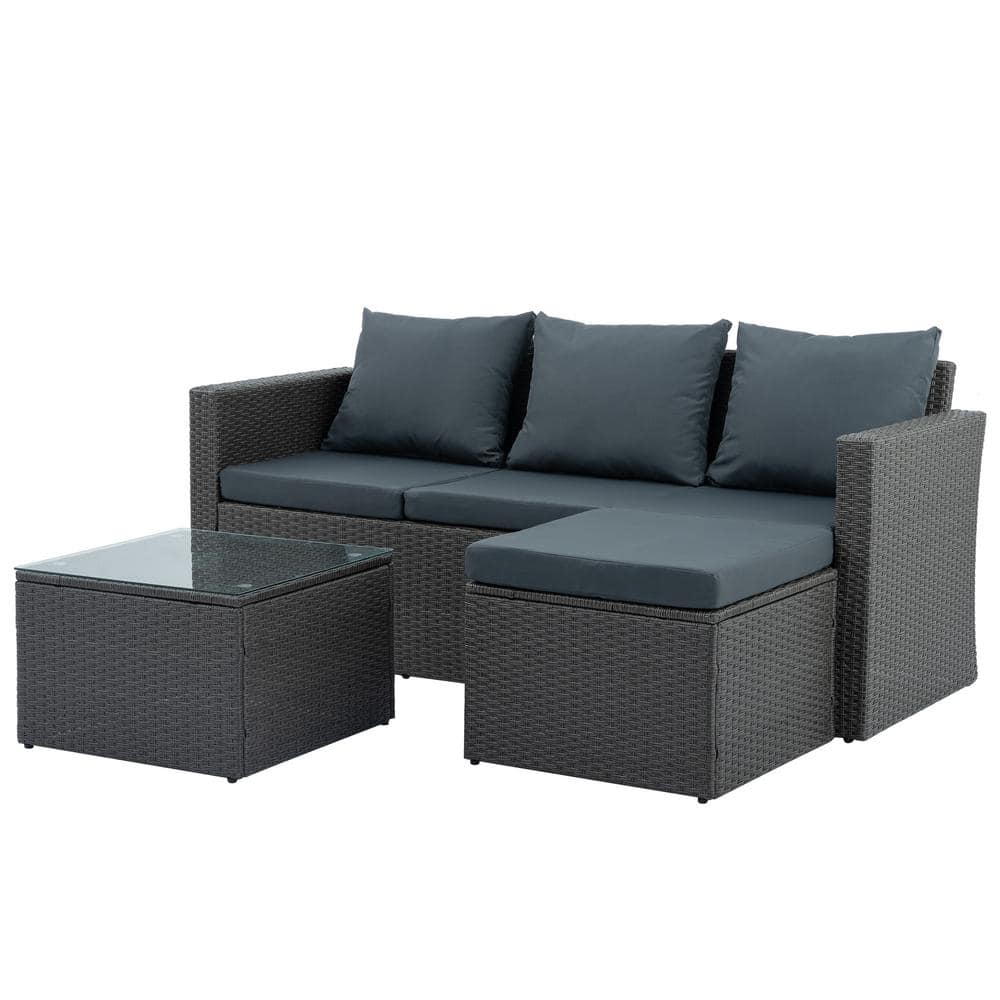 Black Rattan Wicker 3 Seat Outdoor Patio Sectional Sofa with Grey Cushions 