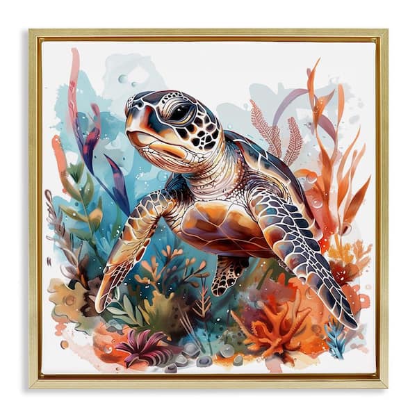 Stupell Industries Drifting Sea Turtle by LSR Design Studio Gold Floater Frame Animal Graphic Art Print 25 in. x 25 in.