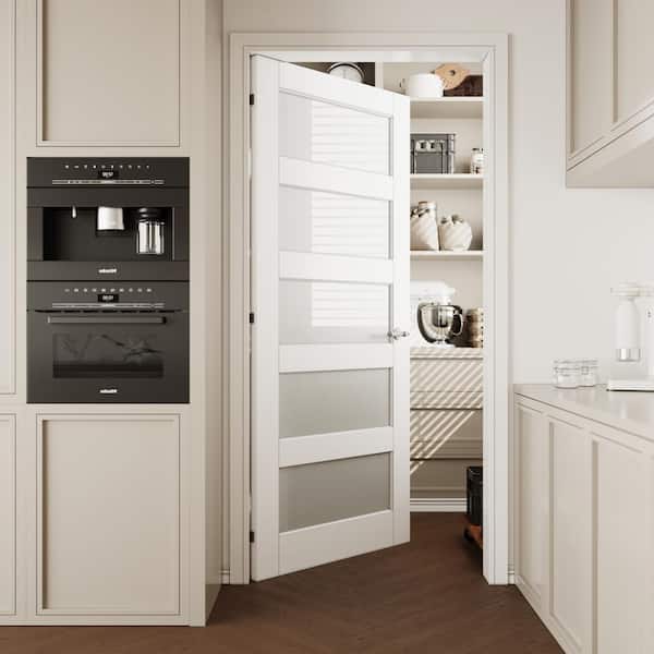36 in. x 96 in. Solid Core 5-Lite Tempered Frosted Glass White Primed MDF Interior Door Slab