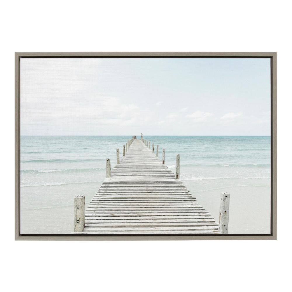 Tranquil Wooden Pier Coastal Canvas Print in Gray Frame