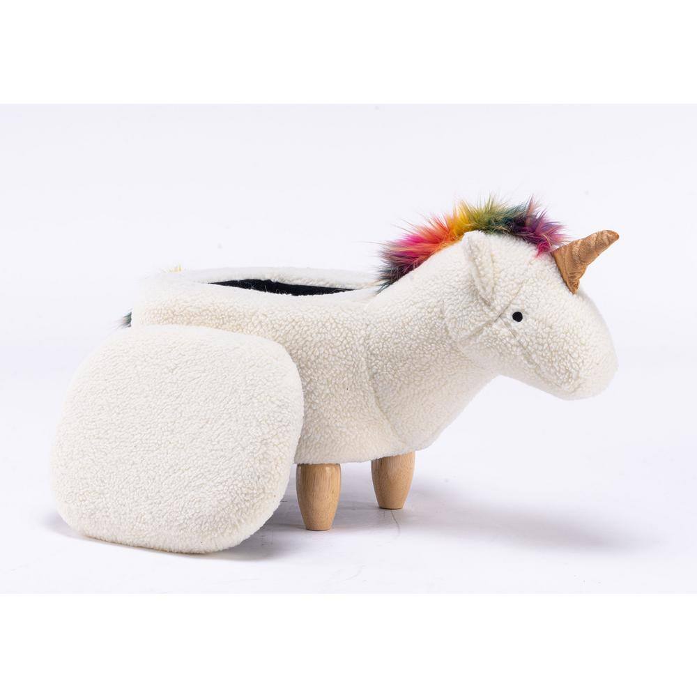 White and Multicolor Unicorn Fabric Storage Ottoman