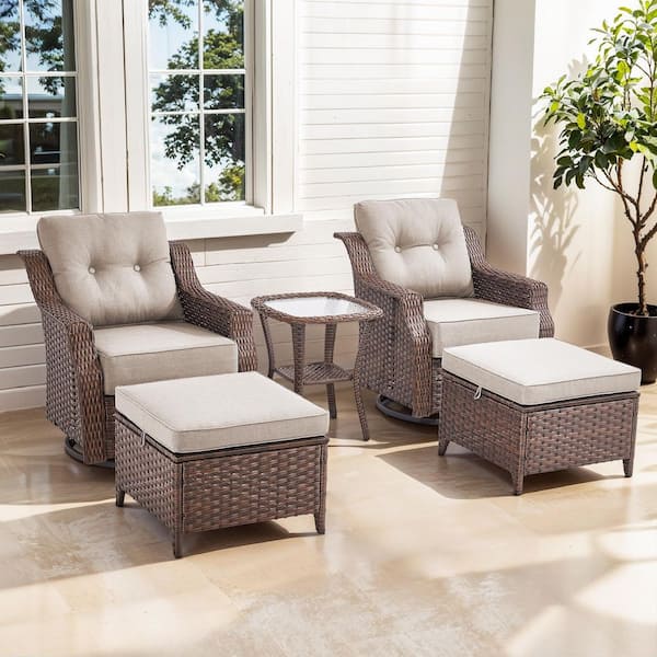 Opohoro Artisan Brown 5-Piece Wicker Swivel Rocker Patio Conversation Set with 6 in. Thick Beige Cushions for Balcony
