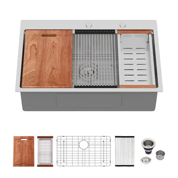 33 in. Topmount/Drop In Single Bowl 16 Gauge Stainless Steel Workstation Kitchen Sink with All Accessories