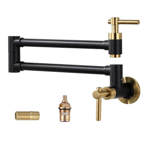 Wall Mounted Pot Filler with Double Handles in Black and Gold