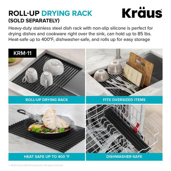 Kraus 12 Inch Multipurpose Over Sink Roll-Up Dish Drying Rack, Black  KRM-11BL