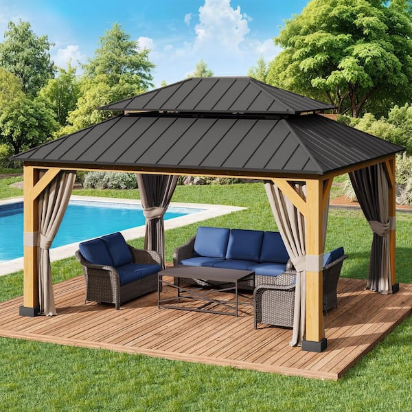15 ft. x 13 ft. Wood Grain Outdoor Patio Gazebo with Aluminum Double Galvanized Steel Hard Top Roof