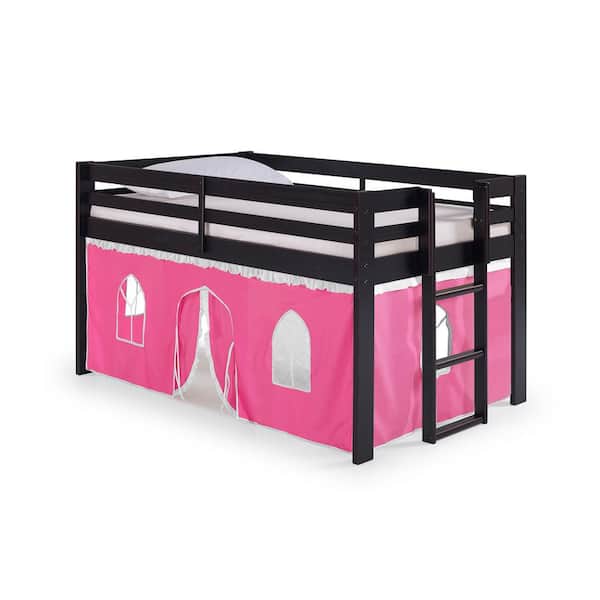 Alaterre Furniture Jasper Espresso with Pink/White Bottom Playhouse Tent Twin Junior Loft Bed
