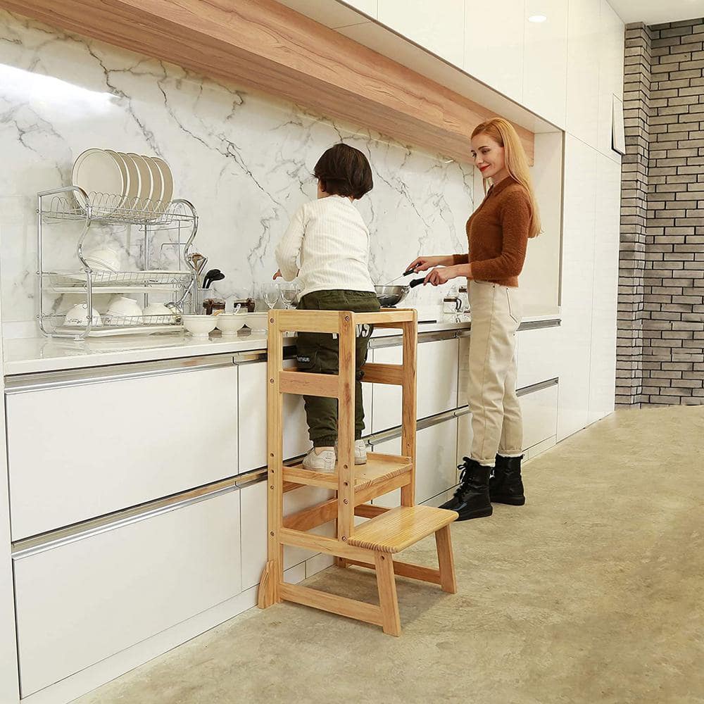 Natural Wooden Adjustable Height 2-Step Learning Stool