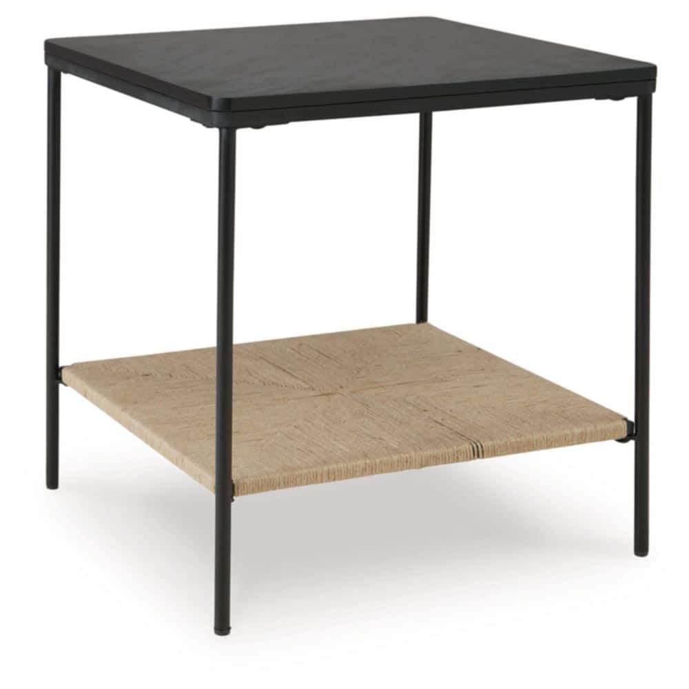 Square Black Marble and Beige Jute Accent Table
