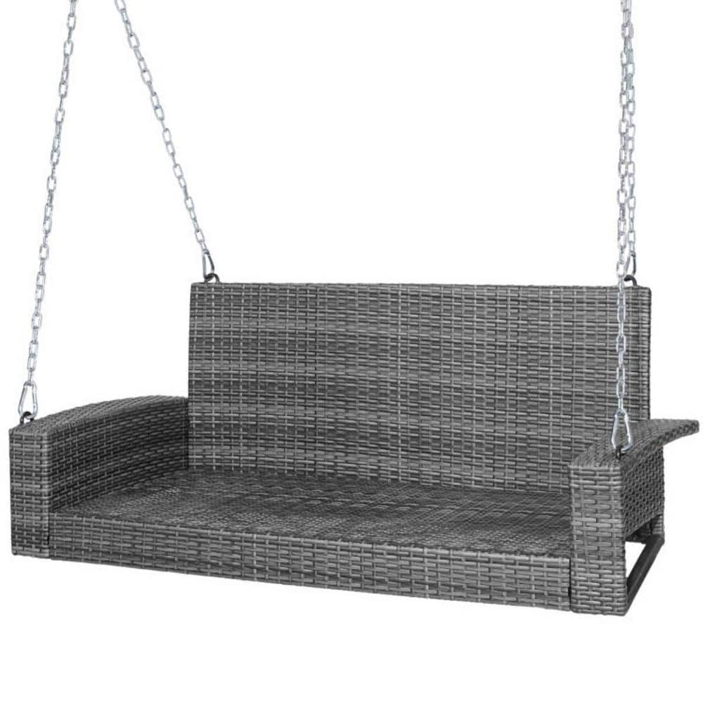 Gray Steel Frame Porch Swing with White Cushions