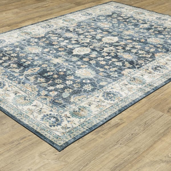 Summit Blue/Ivory 4 ft. x 6 ft. Traditional Oriental Border Polyester Machine Washable Indoor Area Rug