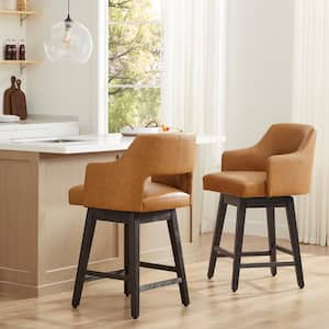 26 in. Joyce Cognac High Back Wood Swivel Counter Stool with Faux Leather Seat (Set of 2)
