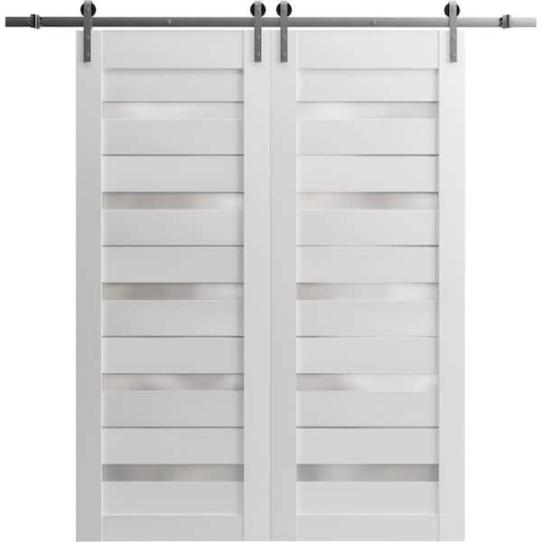Sartodoors 32 in. x 96 in. 2 Panel Frosted Glass White Solid MDF Sliding Barn Door with Hardware Kit