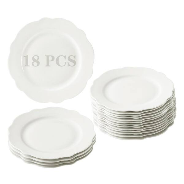 Set of 18 White 6 Inch Porcelain Small Dinner Plates with Leaf Wave Rim for Appetizers Desserts Snacks