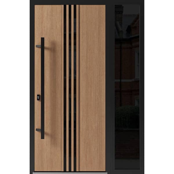 VDOMDOORS 1055 50 in. x 80 in. Right-hand/Inswing Sidelight Tinted Glass Teak Steel Prehung Front Door with Hardware