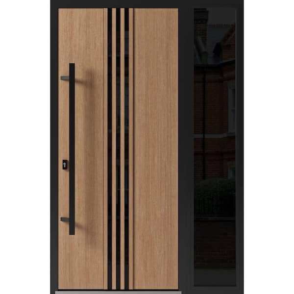 VDOMDOORS 1055 52 in. x 80 in. Right-hand/Inswing Sidelight Tinted Glass Teak Steel Prehung Front Door with Hardware