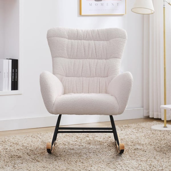 Clihome White Nursery Rocking Chair, Teddy Upholstered Glider Rocker, Rocking Accent Chair with High Backrest