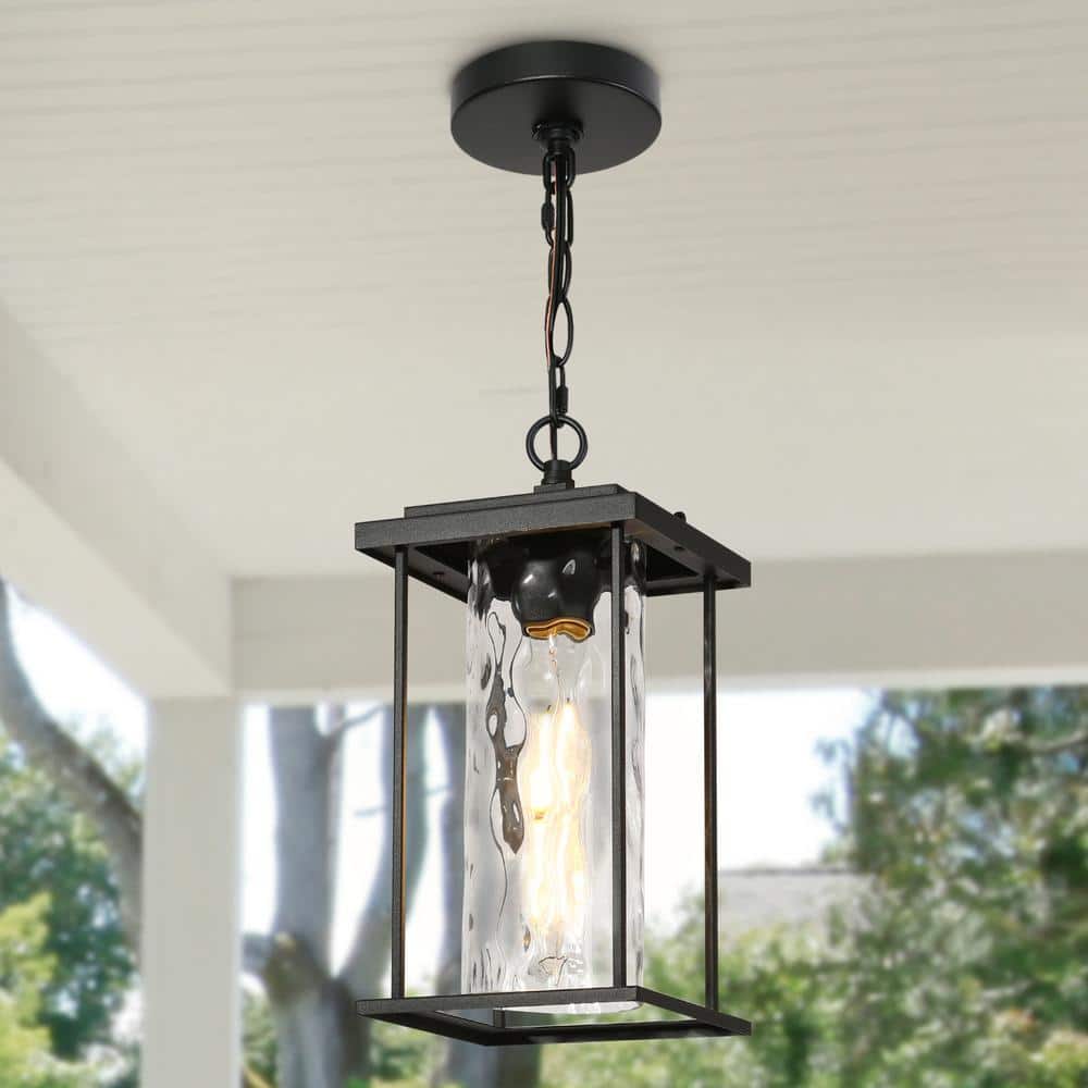 LNC Mangosteen Modern Black 14.2 in. 1-Light Outdoor Pendant Light with  Water Glass Shade Porch Ceiling Light Hanging Lamp AE7BIYHD1099HC9 The  Home Depot