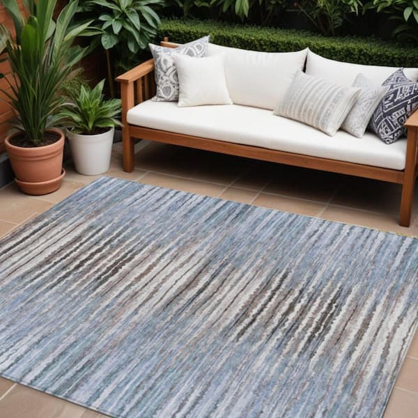 Sky Blue, Denim Blue 9 ft. x 12 ft. Woven Striped Polyester Rectangle Indoor/Outdoor Area Rug