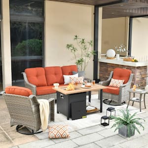 Tulip D Gray 5-Piece Wicker Patio Storage Fire Pit Conversation Set with Swivel Rocking Chairs and Orange Red Cushions