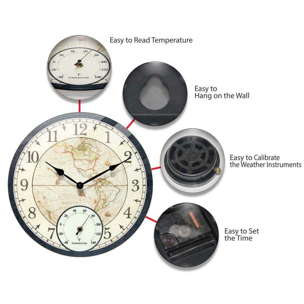 Black Vintage-Style World Map 14" Indoor/Outdoor Wall Clock