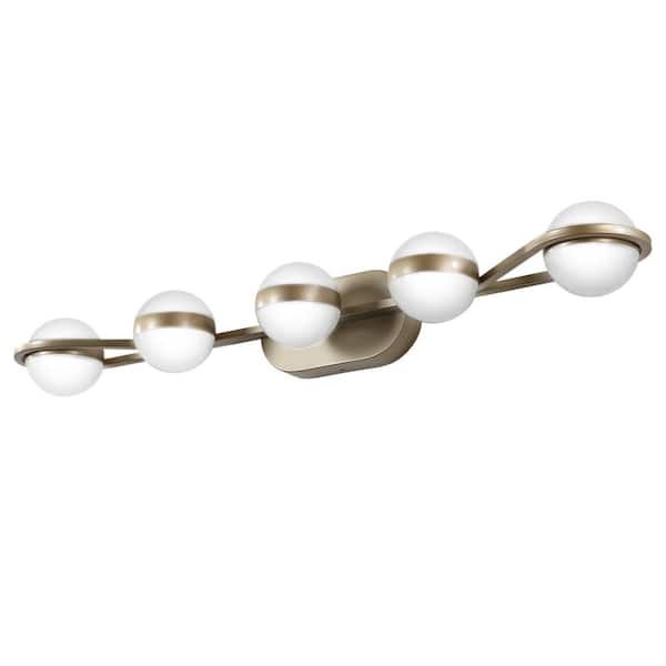 PUDO 35.4 in. 5-Light Contemporary Gold Minimalist Barthroom Vanity Light with Acrylic Glass Shade and Dimmable