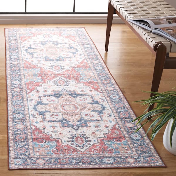 Arizona Rust/Blue 3 ft. x 8 ft. Distressed Border Ornate Machine Washable Runner Rug
