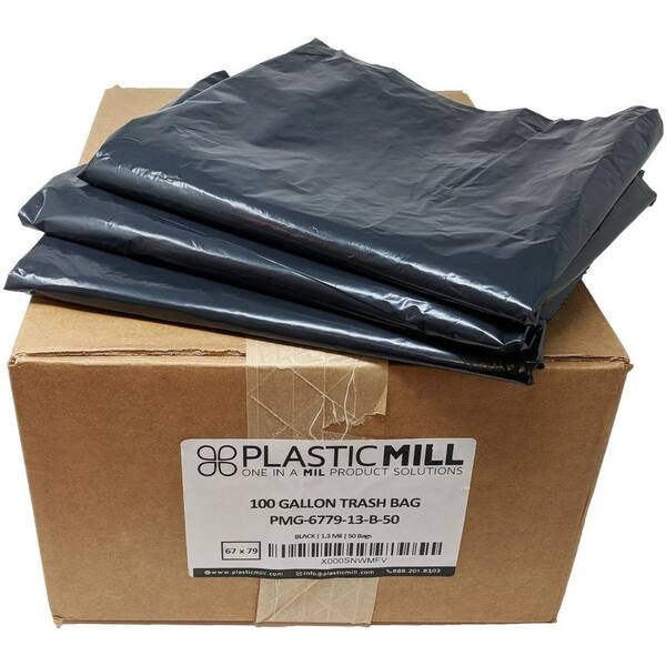 PlasticMill 100 Gal. 1.3 mil 67 in. W x 79 in. H Black Trash Bags (50- Count, 60-Cases Per Pallet)