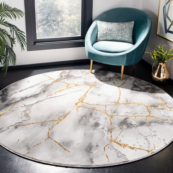 Craft Gray/Gold 9 ft. x 9 ft. Round Abstract Distressed Area Rug
