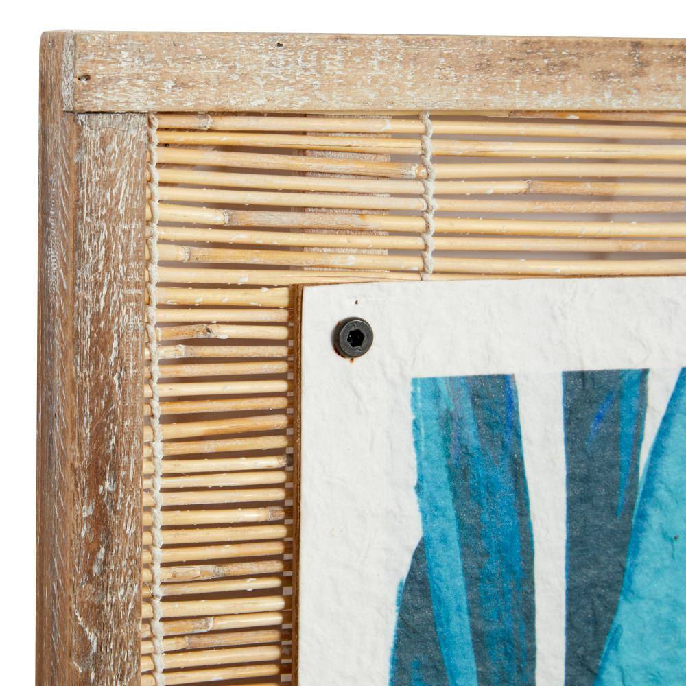 Blue and Green Abstract Leaf Wall Art with Brown Wood Frame, Set of 2