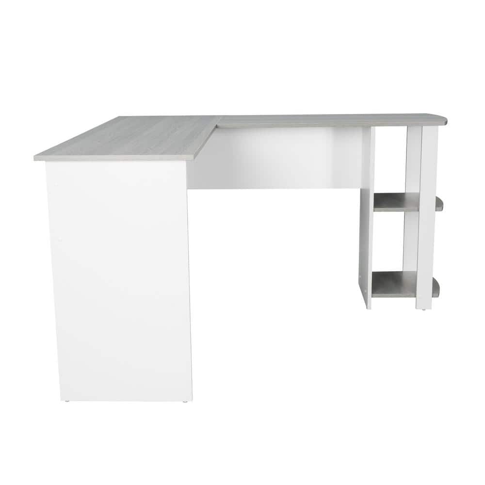 Modern Gray L-Shaped Home Office Desk with Side Storage Shelves
