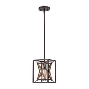 Fortaleza 1-Light 6.9 in. Small Pendant Chandelier with Handcrafted Wood Grain Finish, Oil Rubbed Bronze for Entryways