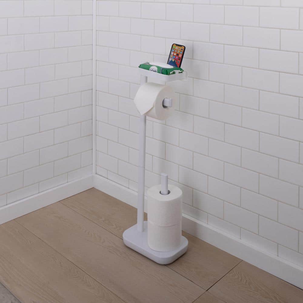 White Freestanding 3-in-1 Toilet Paper Holder with Adjustable Shelf