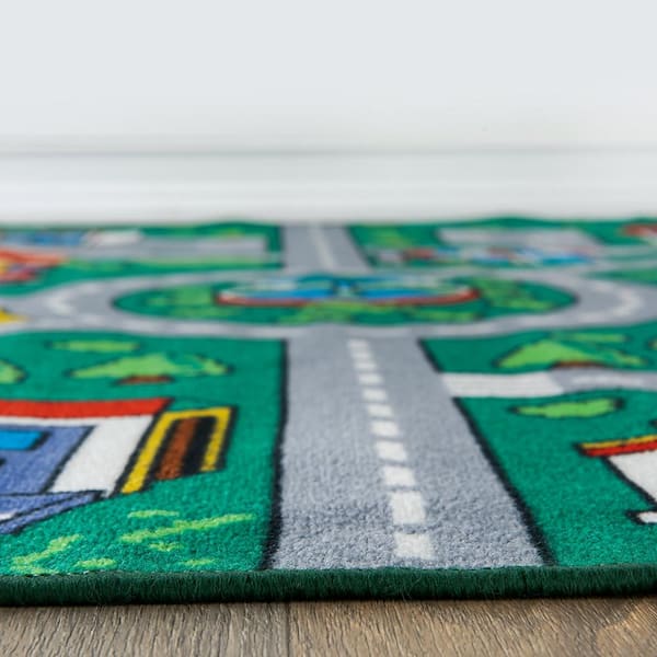 Kids Playmat Green 5 ft. x 7 ft. Road Traffic Educational Non Slip Area Rug