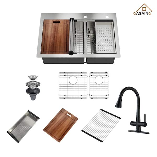 CASAINC Handmade 33 in. All-in-One Topmount Drop-in Double Bowl 18-Gauge Stainless Steel Kitchen Sink with Kitchen Faucet