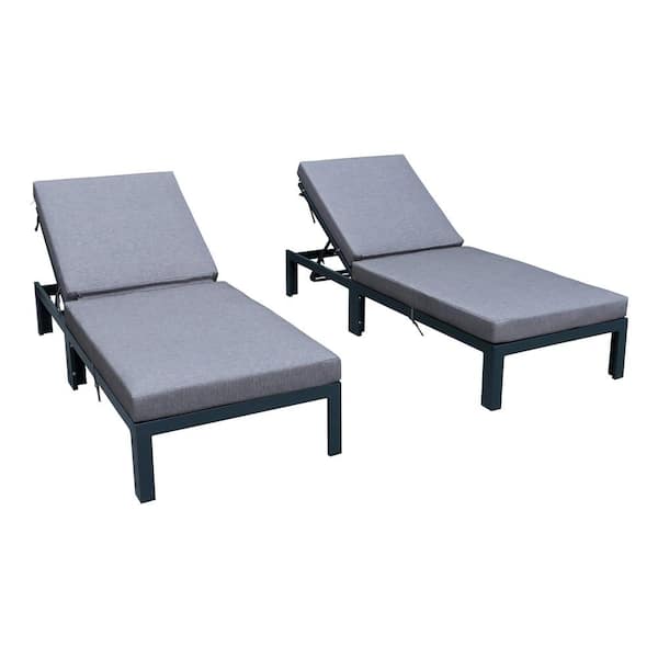 Leisuremod Chelsea Modern Black Aluminum Outdoor Patio Chaise Lounge Chair with Blue Cushions (Set of 2)
