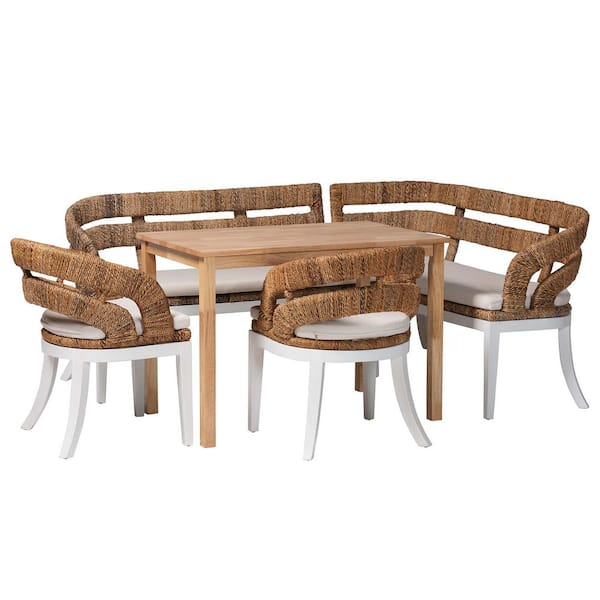 Ubud 5-Piece Natural Brown Seagrass and Wood Top Dining Set Seats 5