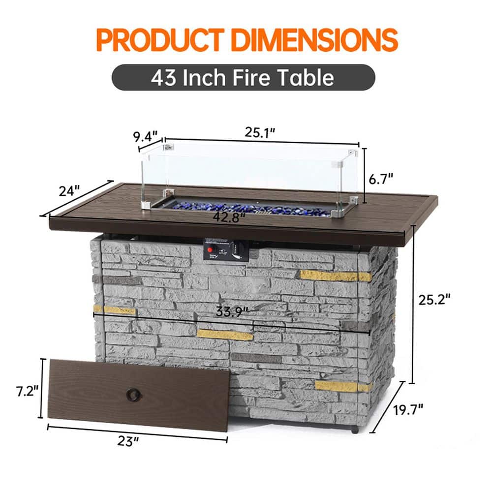 43" Gray Stone Propane Fire Pit Table with Glass Wind Guard