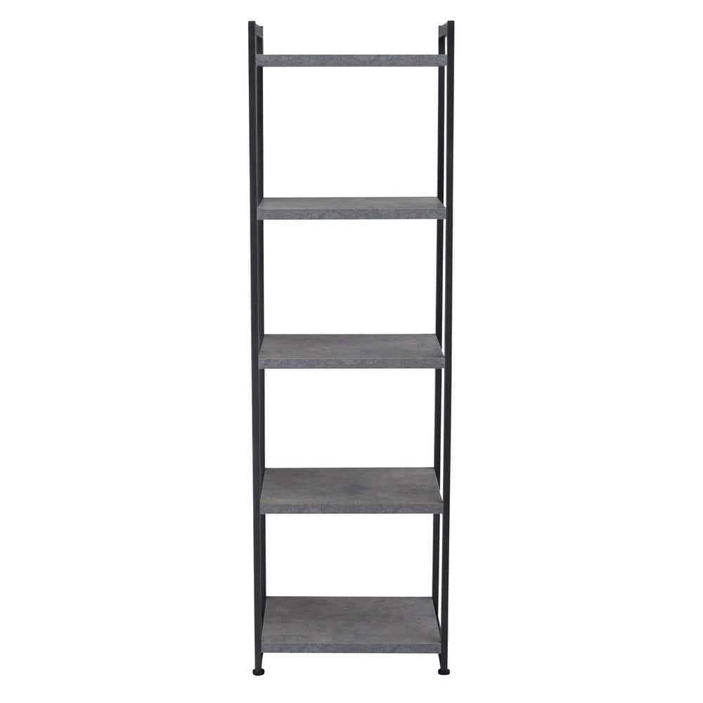 Gray Concrete and Black Metal 5-Shelf Narrow Bookshelf