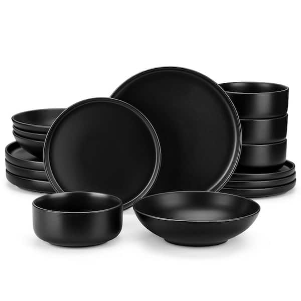 16-Piece Black Stoneware Dinnerware Set Service for 4, Dinner Plates Dessert Plates Soup Plates and Cereal Bowls