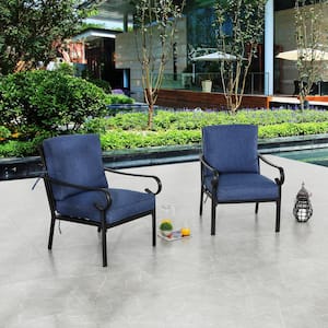 2-Piece Metal Outdoor Chair Set with Blue Cushions