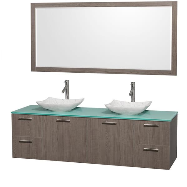 Wyndham Collection Amare 72 in. Double Vanity in Gray Oak with Glass Vanity Top in Green, Marble Sinks and 70 in. Mirror