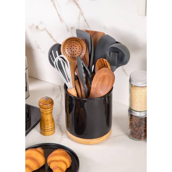 Wudkey 360° Rotating Utensil Holder, Black Ceramic Cooking Utensil Organizer with Countertop-Protection Cork Bottom