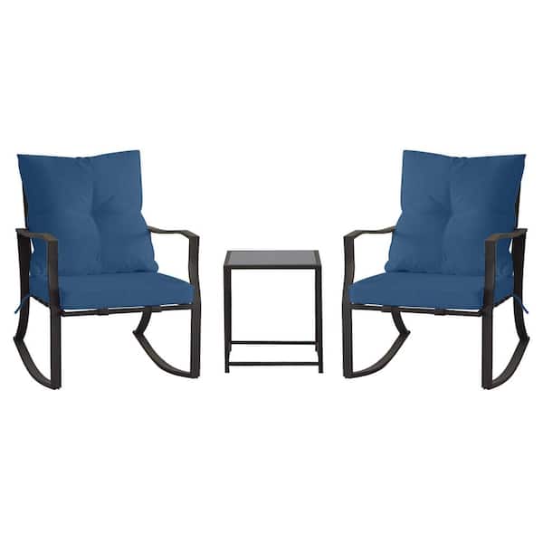 Black 3-Piece Metal Outdoor Bistro Set Patio Steel Conversation with Glass Coffee Table and Blue Cushion for Garden