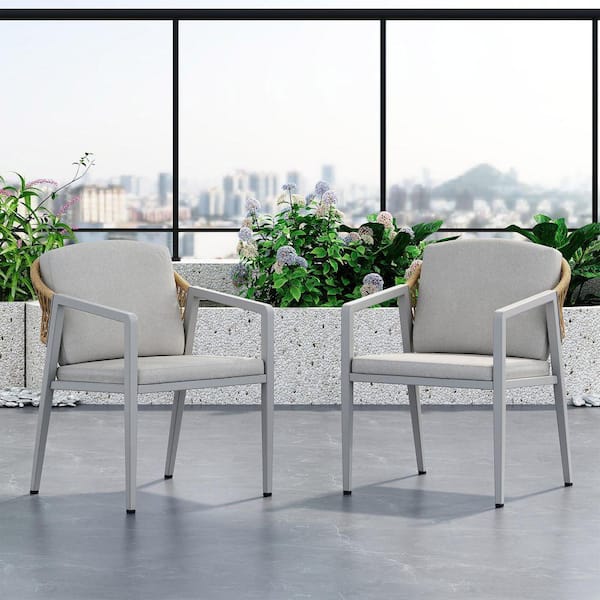 Gray Outdoor Wicker Rattan Woven Dining Chair with Cushions (2-Pack)