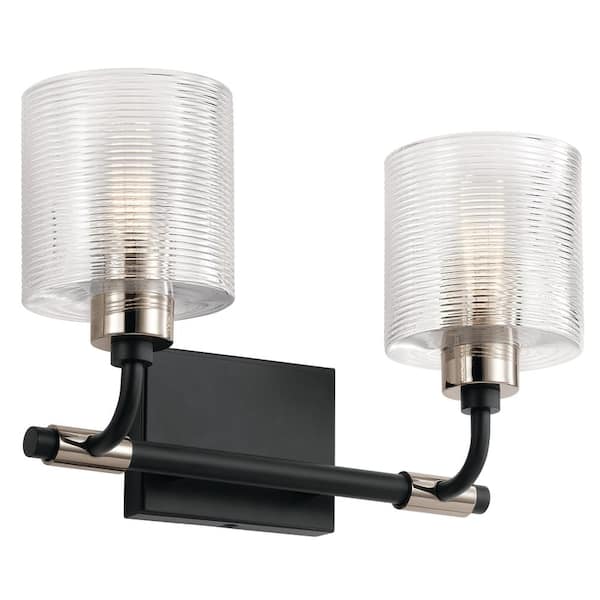 Harvan 15 in. 2-Light Black Vintage Bathroom Vanity Light with Clear Ribbed Glass