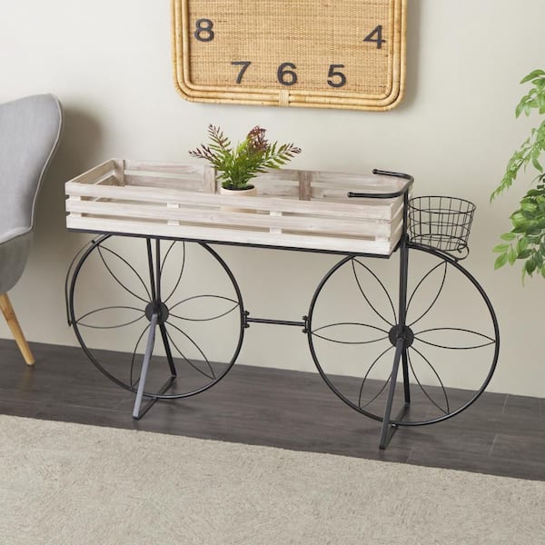 30 in. Cream Wood and Metal Floral Rectangle Plantstand with Flower Inspired Wheels