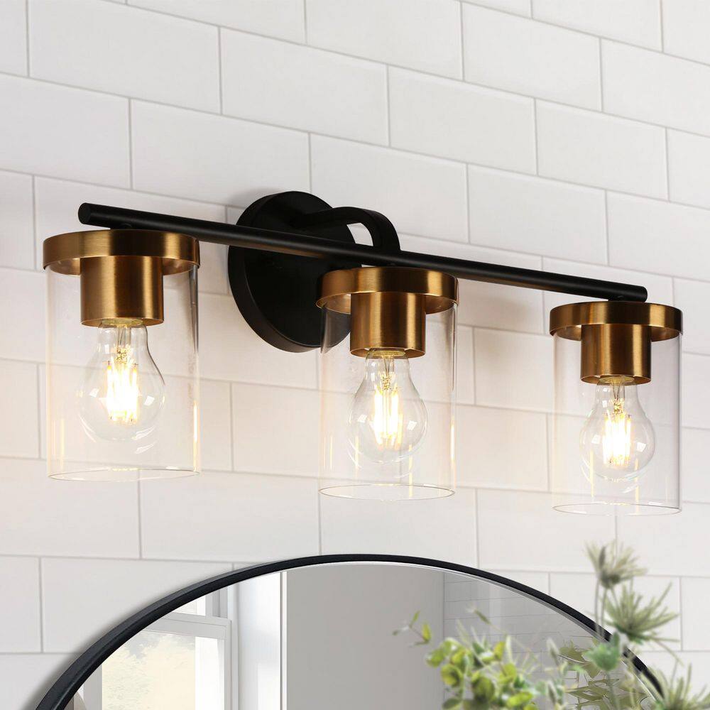 23.6 in. Modern Farmhouse 3-Light Black and Brass Vanity Light with Cylinder Clear Glass Shade, Wall Sconce for Bathroom price history on PriceWatchPro