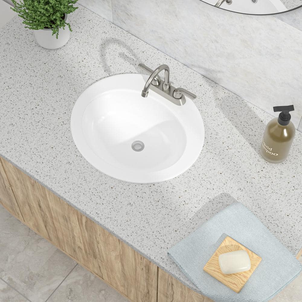 Glossy White Ceramic Oval Drop-in Bathroom Sink with 3 Faucet Holes